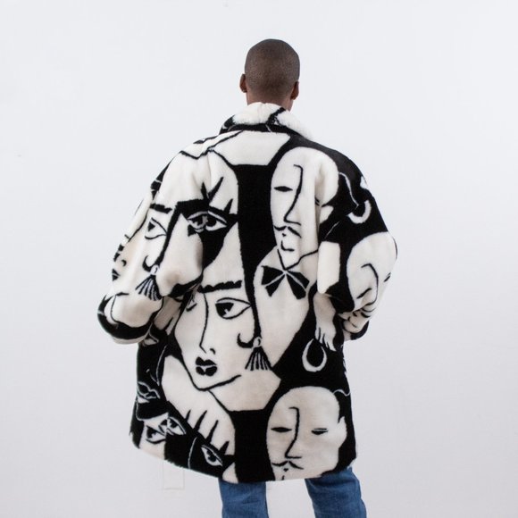 Vintage 80s L Faux Fur Faces Print Wrap Midi Coat - Picture 7 of 16